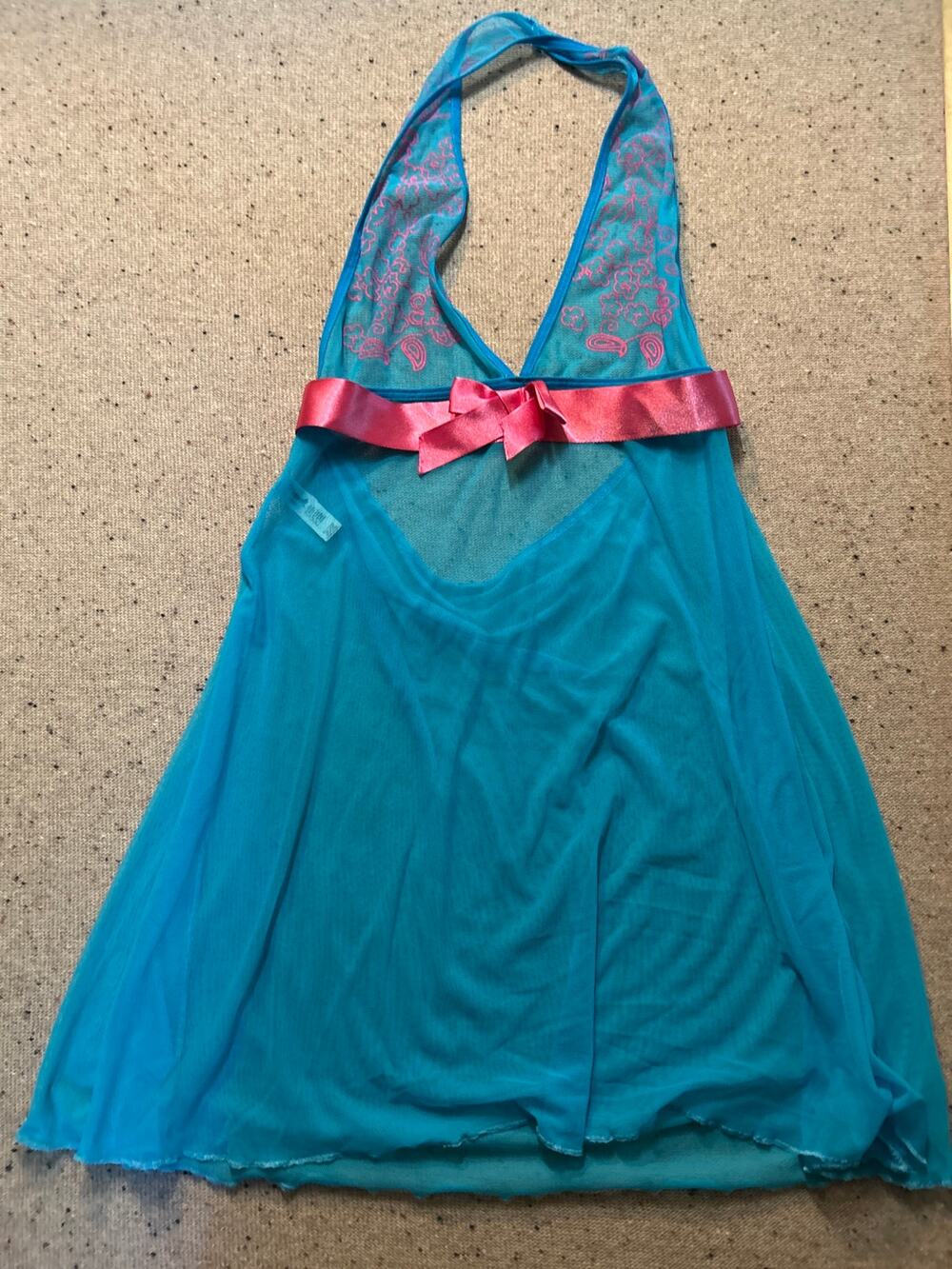 Mapale Mesh Halter Chemise Babydoll Small Teal Pink